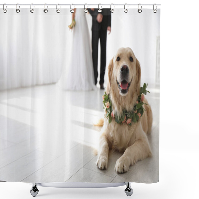 Personality  Adorable Golden Retriever Wearing Wreath Made Of Beautiful Flowers On Wedding. Space For Text Shower Curtains