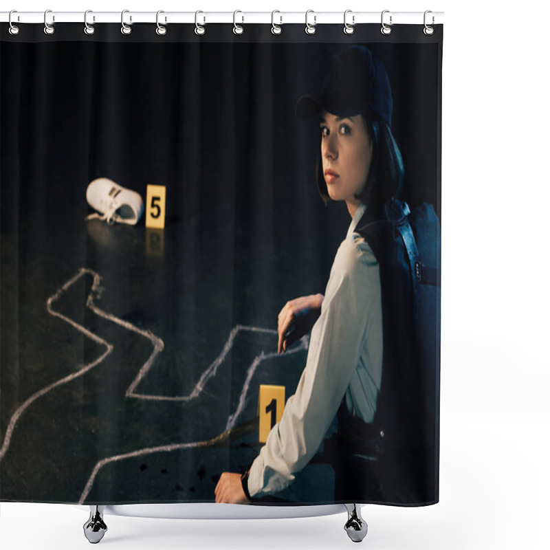 Personality  Investigator Sitting Near Chalk Outline At Crime Scene Shower Curtains