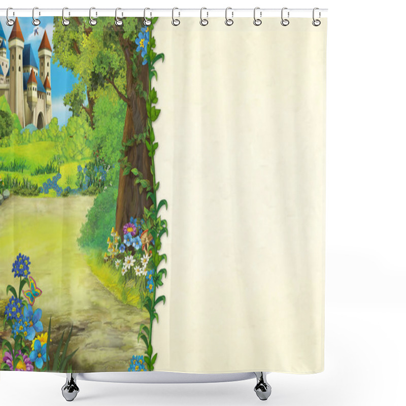 Personality  Cartoon Scene Of Forest And The Meadow - Title Page With Space For Text - Illustration For Children Shower Curtains