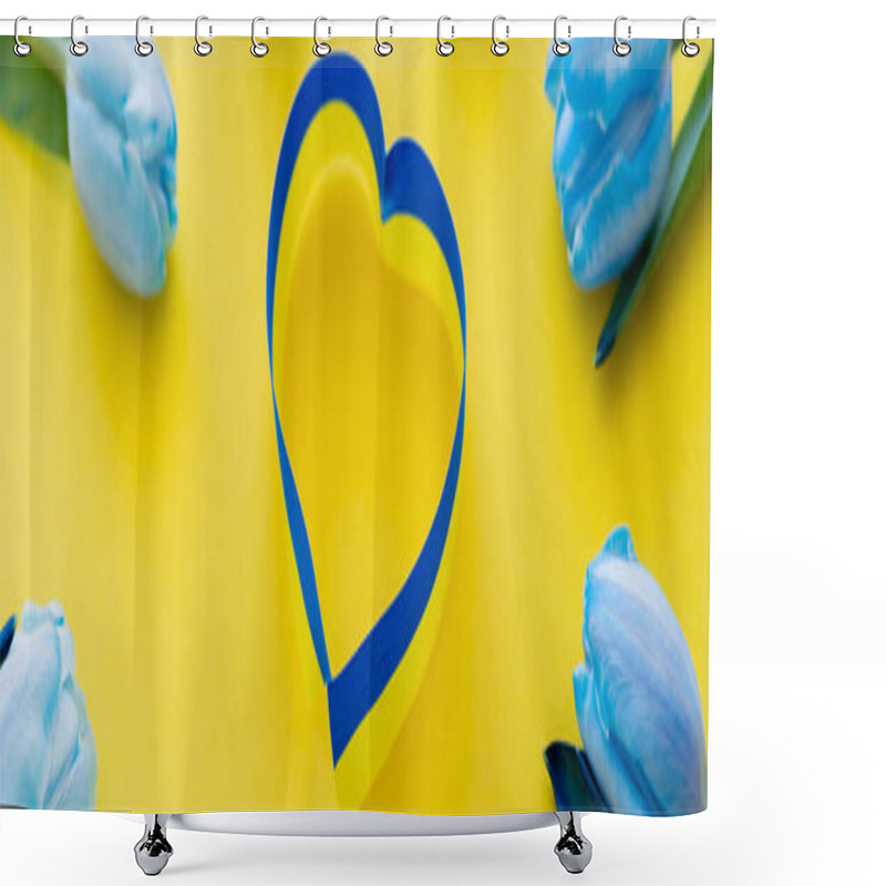 Personality  Top View Of Blue And Yellow Ribbon In Frame Of Flowers On Background, Banner  Shower Curtains