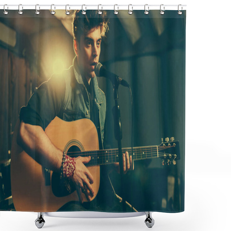 Personality  Good-looking Musician Singing In Microphone While Playing Acoustic Guitar  Shower Curtains