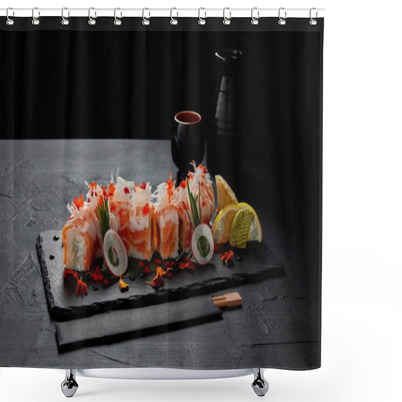 Personality  Close-up View Of Delicious Delicious Roll In Mamenori With Shrimp, Salmon And Avocado On Slate Board Shower Curtains