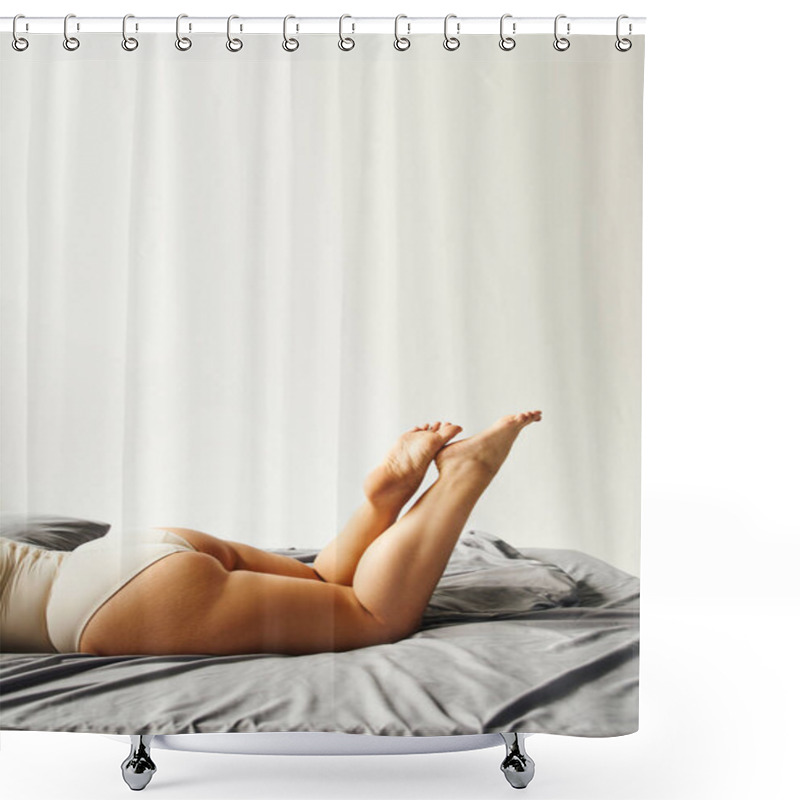 Personality  Partial View Of Barefoot Woman With Plus Side Body Wearing Beige Bodysuit And Lying On Grey Bedding In Modern Bedroom At Home, White Wall, Posing, Bare Feet, Self-esteem  Shower Curtains