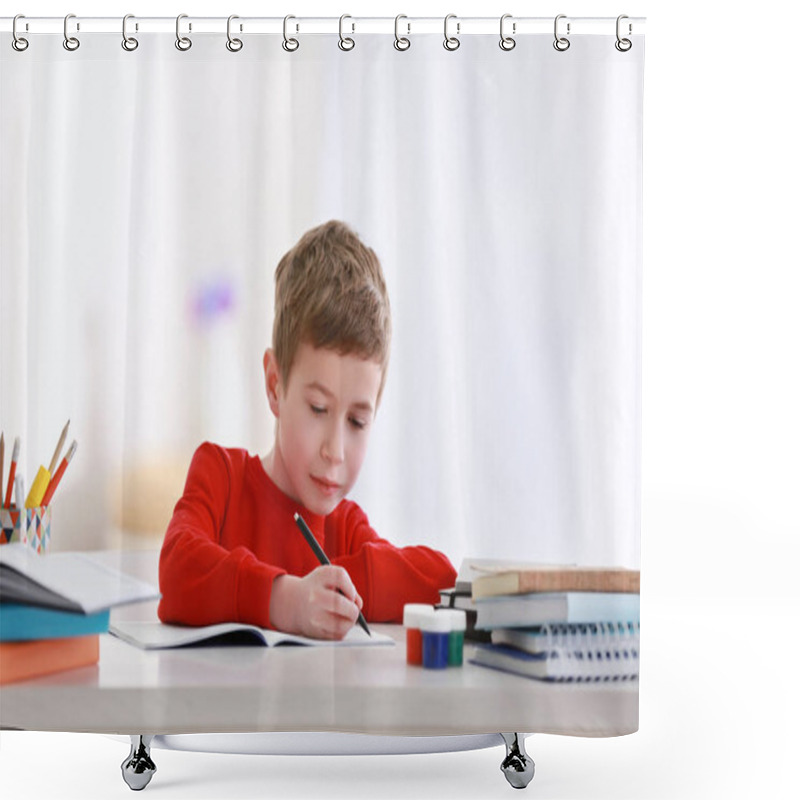 Personality  Schoolboy Doing Homework At Table In Room Shower Curtains