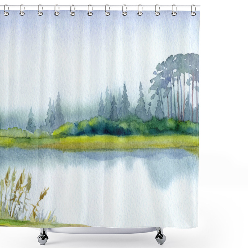 Personality  Hand Drawn Light Watercolour Artwork Paint Sketch On Paper Backdrop Text Space. Grey Color Dark Calm Rural Meadow Fall Mist Smoke Sea Scenic View. Shrub Thicket Plant Park. Haze White Creek Bay Scene Shower Curtains