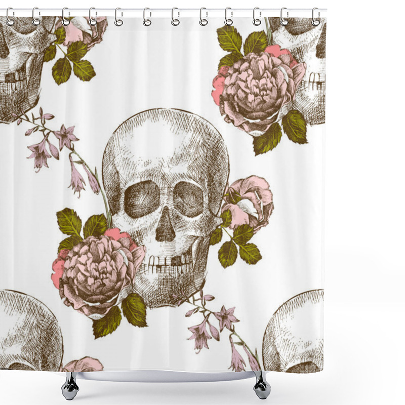 Personality  Seamless Pattern Skull With Flowers Shower Curtains