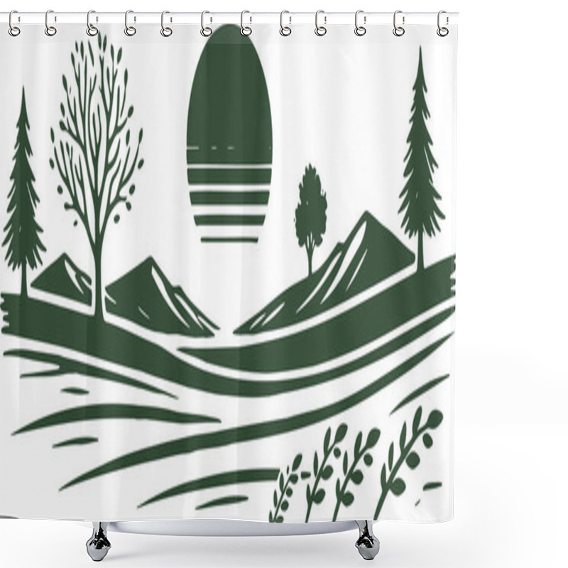 Personality  Minimalist Landscape With Trees, Mountains, And Sun In Silhouette Style Shower Curtains