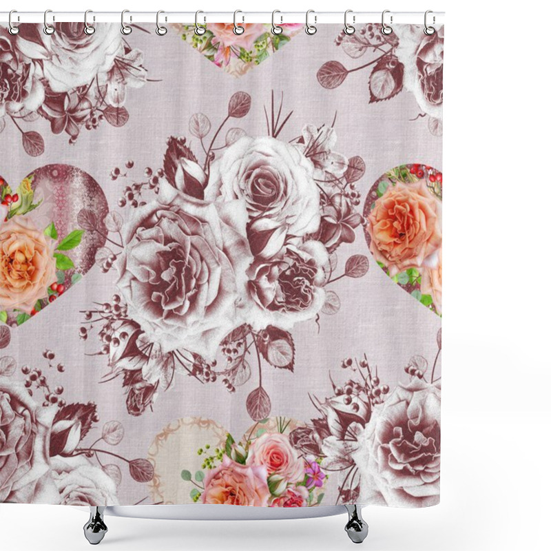 Personality  Floral Seamless Pattern. Flower Arrangement, Bouquet Of Delicate Beautiful Pink Roses, Green Berries, Leaves. Monochrome Tracery.  Figures In The Form Of Heart.  Shower Curtains