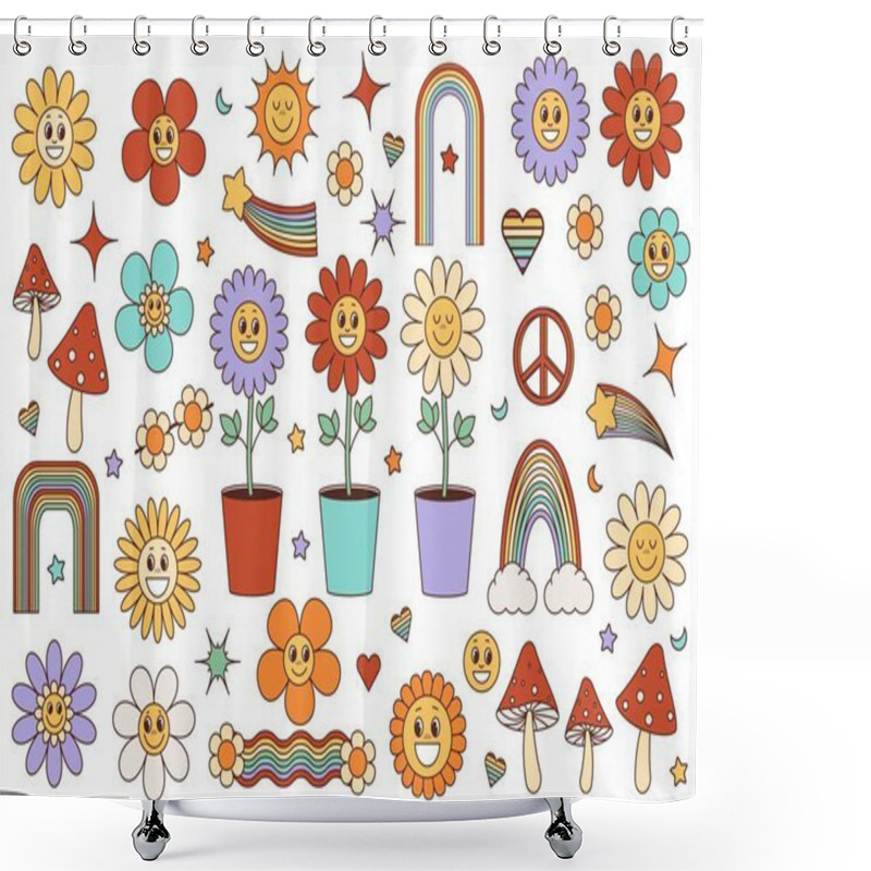 Personality  Groovy Hippie Set Of Elements. Fun Rainbow Flowers And Mushrooms In 1970s Style. Sticker Pack In Retro Psychedelic Clipart Style. Vector Illustration Cartoon Isolate. Shower Curtains