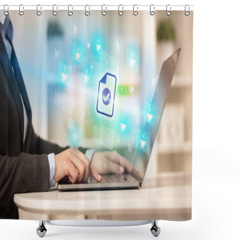 Personality  Businessman Working On Laptop With Checklist Icons Coming Out From It, Successful Business Concept Shower Curtains