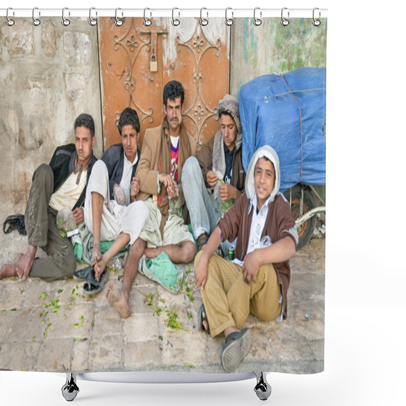 Personality  Boys Chewing Khat Qat Leaves In Street Sanaa Yemen Shower Curtains