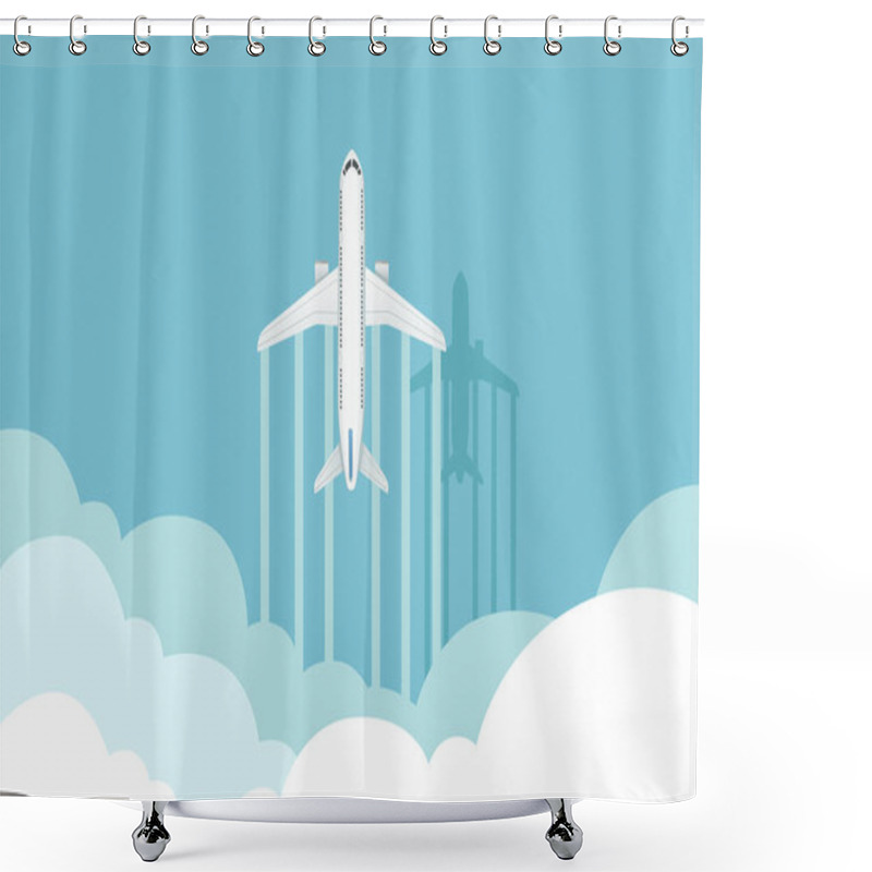 Personality  Big White Passenger Airplane Turbine Jet Plane In Blue Sunny Sky Flat Vector Illustration Shower Curtains