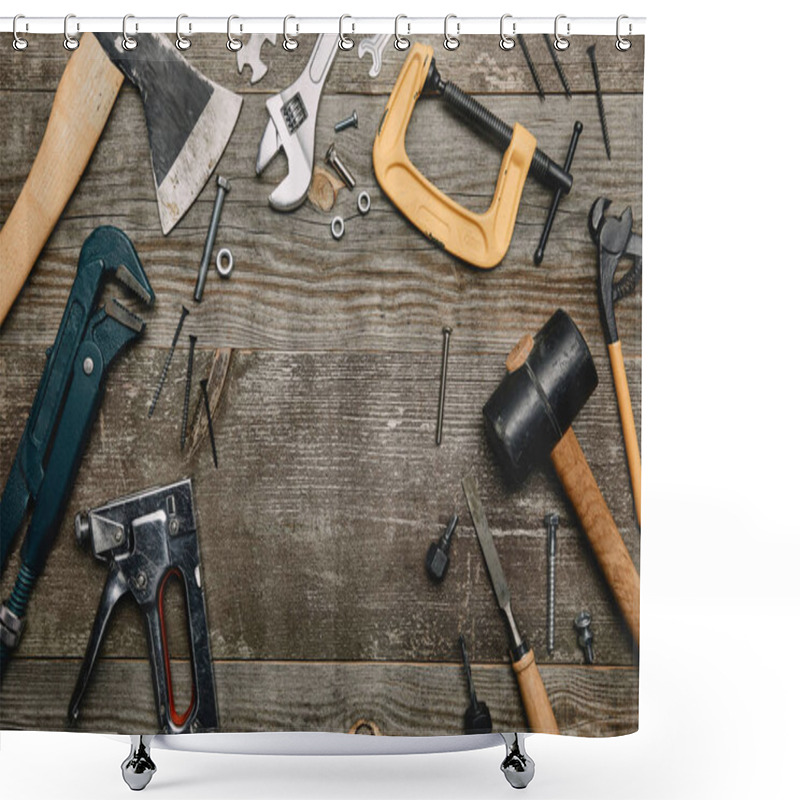 Personality  Top View Of Set Of Tools On Wooden Background Shower Curtains