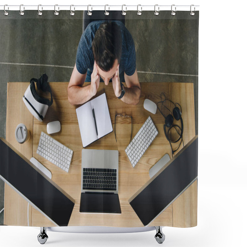 Personality  Overhead View View Of Focused Young Man Working With Laptop And Desktop Computers Shower Curtains