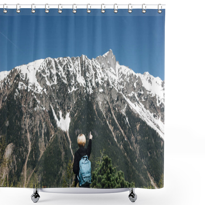 Personality  Back View Of Young Woman With Backpack Pointing With Finger At Majestic Snow-capped Mountains, Mont Blanc, Alps Shower Curtains