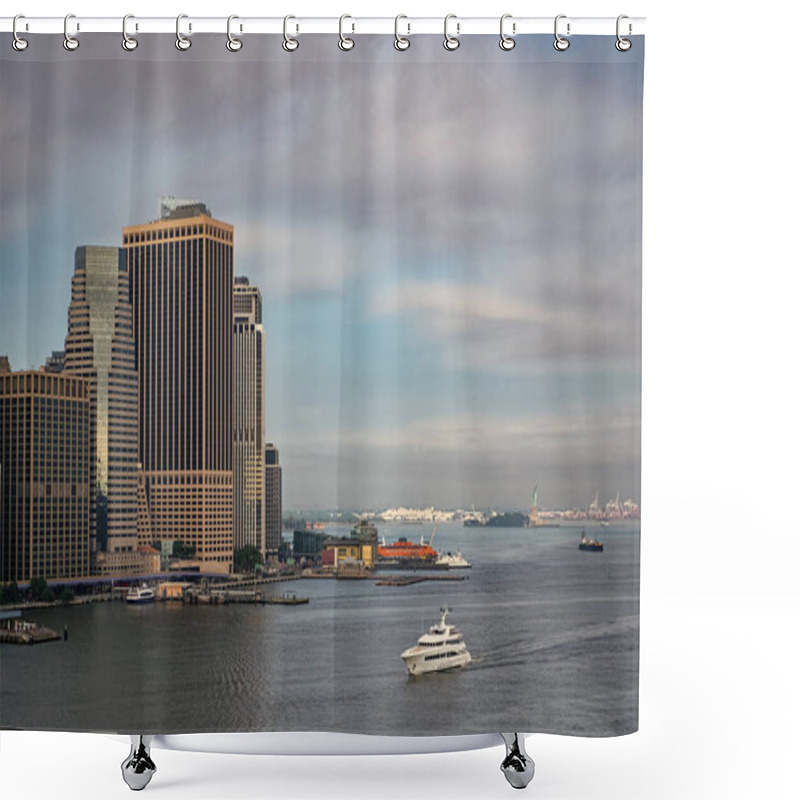 Personality  City Architectural Cityscape With Harbor. New York City Harbor. Cityscape In Metropolis City. City Downtown Skyline. Horizon With Architecture. Cityscape Skyline Building Architecture. Luxury Yacht. Shower Curtains