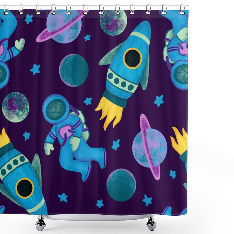 Personality  Hand Drawn Seamless Pattern Of Outer Space Galaxy Astronaut In Purple Blue Colors. Stars Planet Asteroid Comet Saturn Moon Fabric Print For Boys Nursery Decoration Spaceship Alien Ship Art Shower Curtains