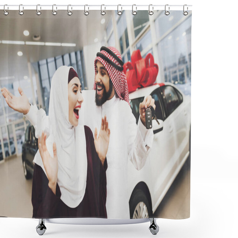 Personality  Arabic Couple At Car Dealership, Man Presenting New Car His Wife Shower Curtains