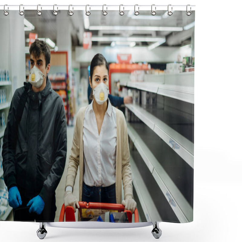 Personality  Couple Wearing Masks And Gloves Buying Groceries/supplies In Supermarket With Sold Out Products.Food Supplies Shortage.Empty Shelves Due To Coronavirus Covid-19 Outbreak Panic Buying And Hoarding. Shower Curtains