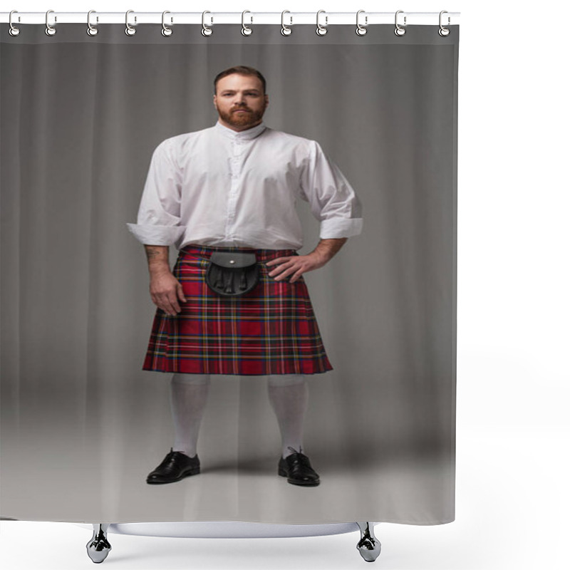 Personality  Scottish Redhead Man In Red Kilt With Hand On Hip On Grey Background Shower Curtains