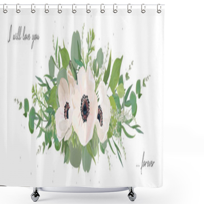 Personality  Floral Bouquet Design Element With Elegant Pink White Anemone Flowers, White Lilac Buds, Forest Greenery, Herbs, Leaves, Eucalyptus Branches. Vector Botanical, Card. All Elements Editable And Isolated Shower Curtains