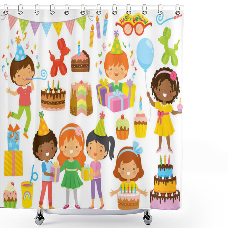 Personality  Birthday Clipart Set With Kids And Birthday Party Items Shower Curtains