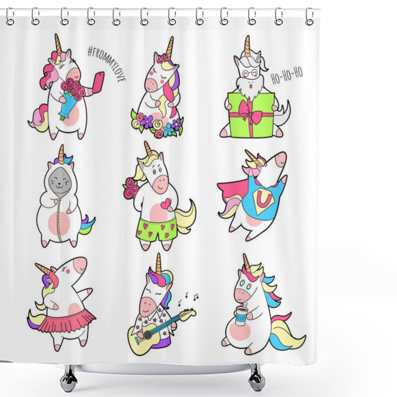 Personality  Magic Unicorn Stickers Set. Trendy Rainbow Unicorn Patches Pack With Different Emotions, Different Characters In Costumes: In Love, Dream, Sad, Happy.  Shower Curtains