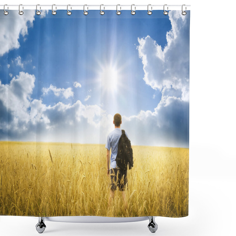 Personality  Man On Yellow Wheat Meadow. Shower Curtains