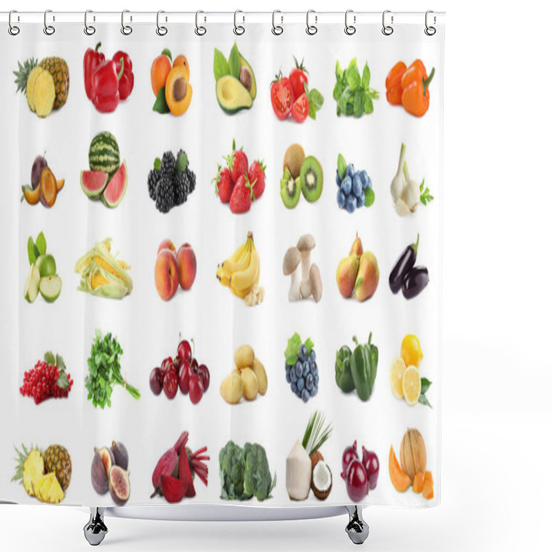 Personality  Assortment Of Organic Fresh Fruits And Vegetables On White Background. Banner Design Shower Curtains