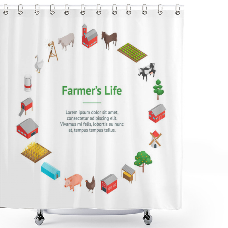 Personality  Farm Rural Concept Banner Card Circle 3d Isometric View. Vector Shower Curtains