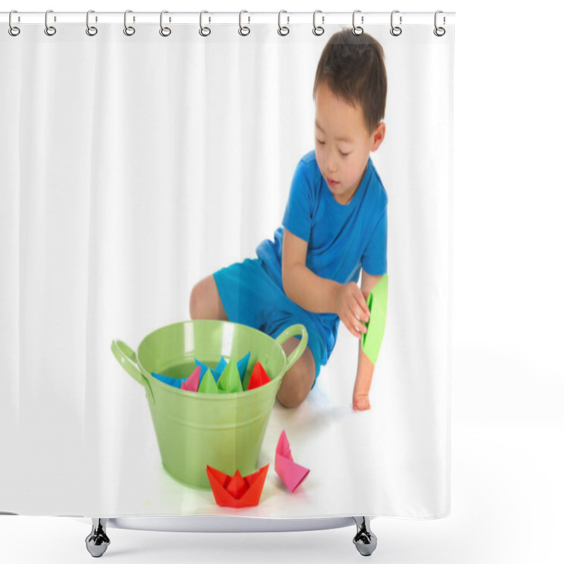 Personality  Little Chinese Boy With Handicap On Hand Is Playing With Paper Boats Isolated Over White Shower Curtains