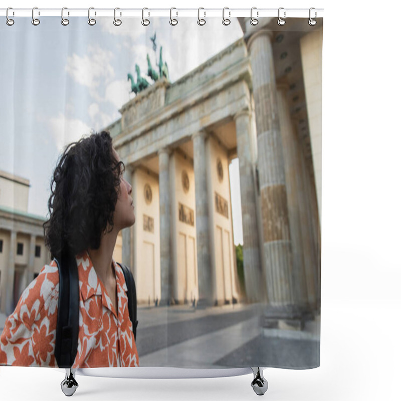 Personality  Young Traveler With Backpack Looking At Brandenburg Gate In Berlin  Shower Curtains