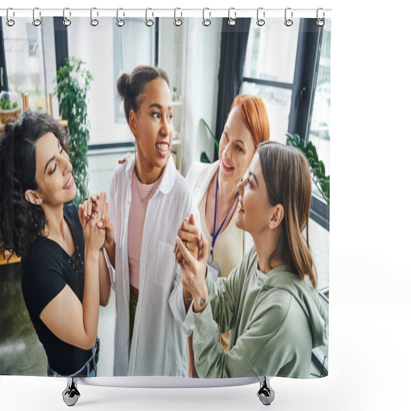 Personality  Multiethnic Friends And Smiling Motivation Coach Holding Hands Of Cheerful African American Woman During Supportive Therapy In Consulting Room, Moral Support And Mental Wellness Concept Shower Curtains