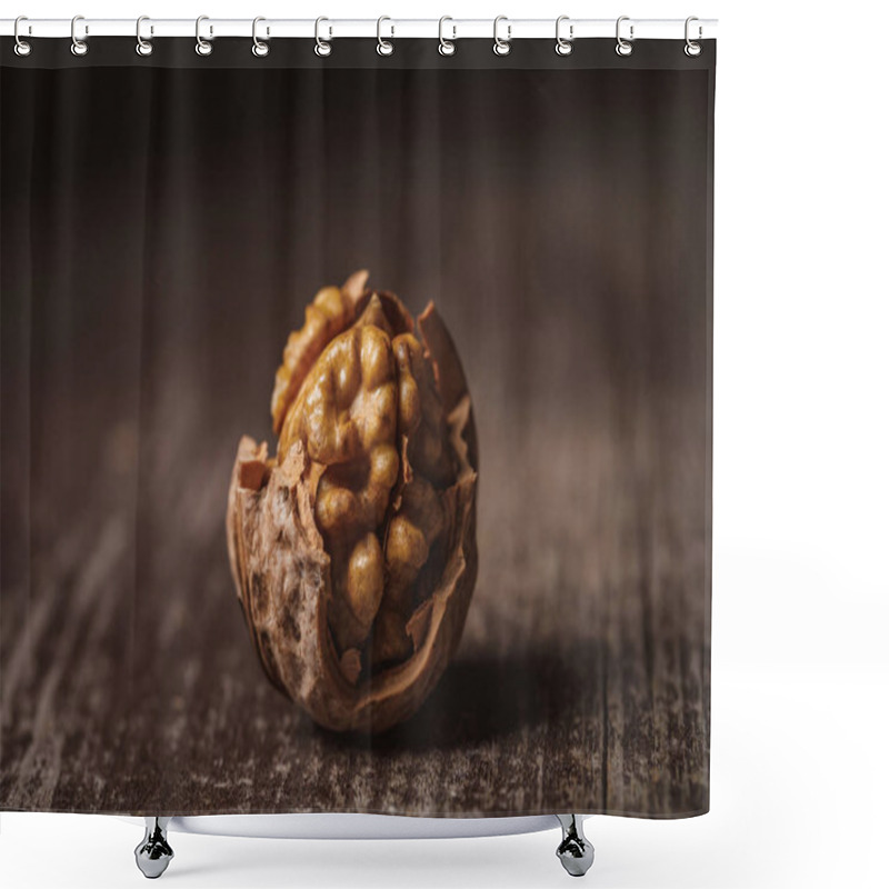 Personality  Close Up View Of Shelled Walnut On Wooden Tabletop Shower Curtains