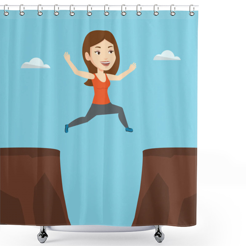 Personality  Sportswoman Jumping Over Cliff Vector Illustration Shower Curtains