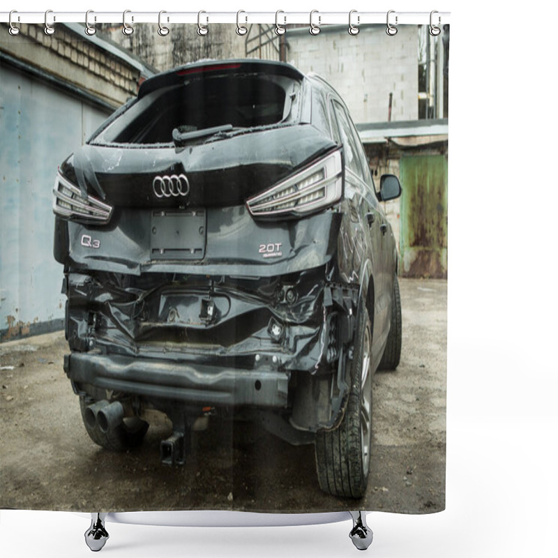 Personality  Dnepropetrovsk, Ukraine - 01.16.2022: AUDI Q3 In Black After An Accident. Accident Hit From Behind With Displacement To The Right Side. Back View. Shower Curtains