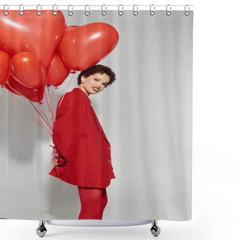 Personality  A Young Woman Dressed In Red Holds Heart Shaped Balloons, Radiating Joy And Confidence. Shower Curtains