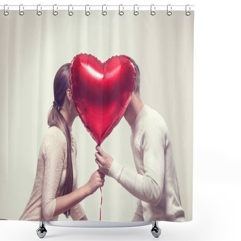 Personality  Valentine's Day. Happy Joyful Couple Holding Heart Shaped Air Balloon And Kissing. Love Shower Curtains