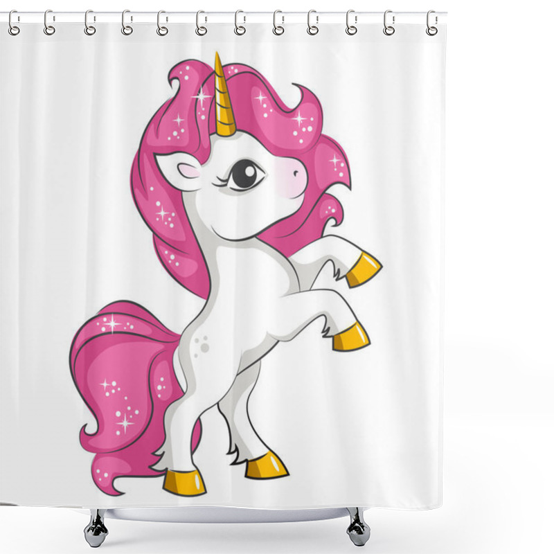 Personality  Cute Little Pink  Magical Unicorn. Vector Design On White Background. Print For T-shirt. Romantic Hand Drawing Illustration For Children. Shower Curtains