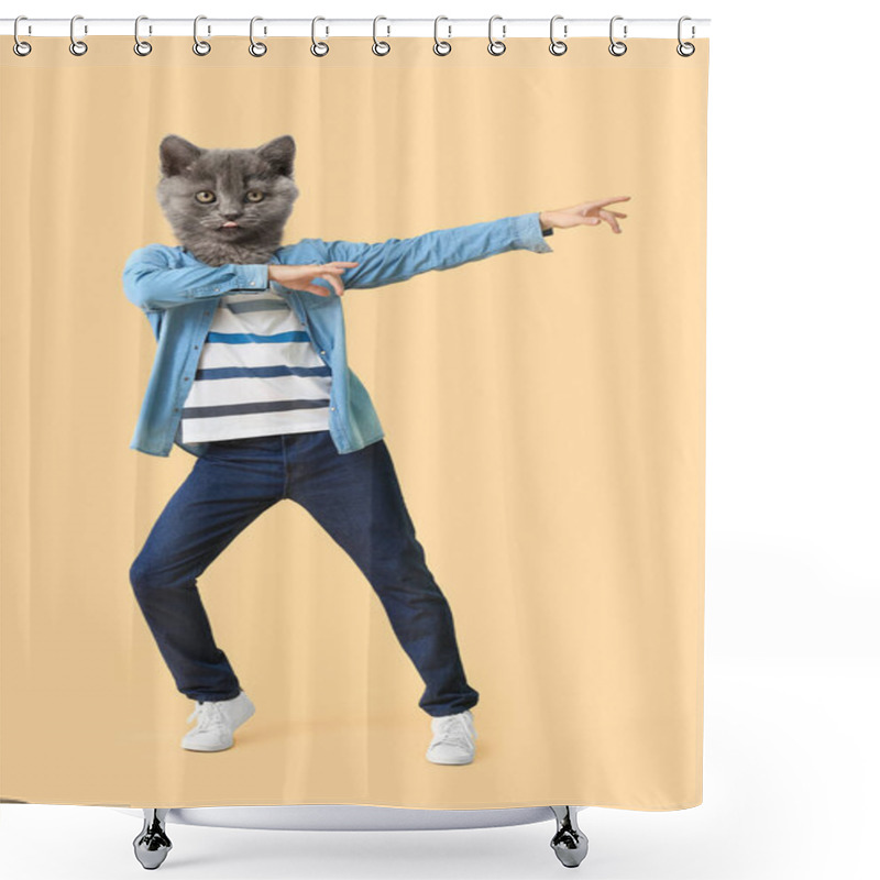 Personality  Dancing Kitten With Human Body On Beige Background Shower Curtains