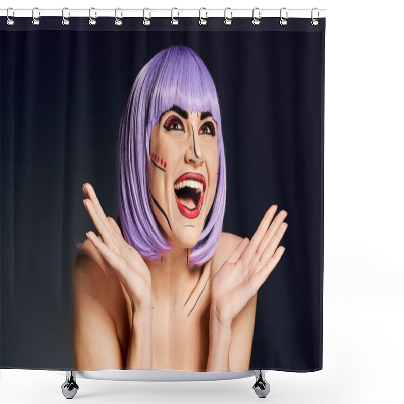 Personality  A Captivating Woman In A Purple Wig And Artistic Comic-inspired Makeup Gazes Mysteriously Against A Dark Backdrop. Shower Curtains