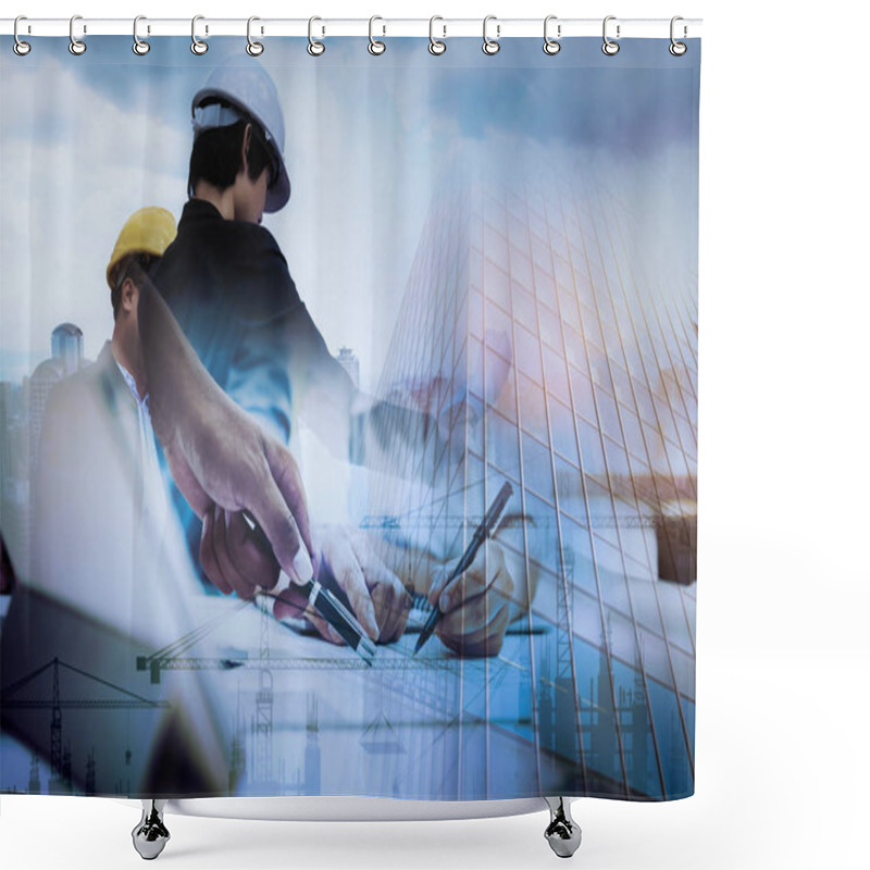 Personality  Civil Engineer Jobs, Double Exposure Of Project Management Team And Construction Site With Tower Crane Background, Engineer Designer Consultant And Architecture Team Concept. Shower Curtains