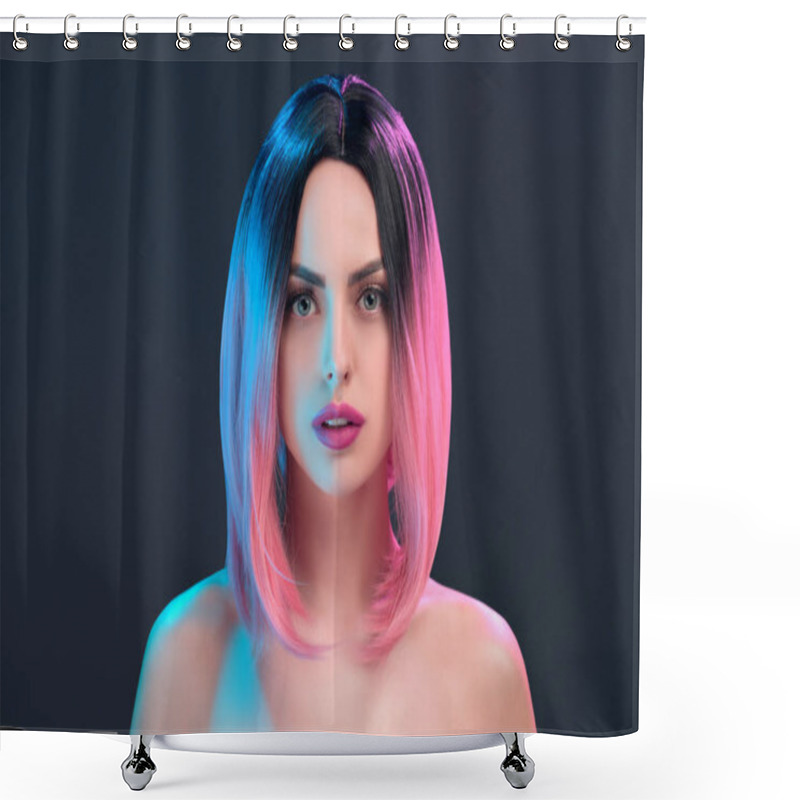 Personality  Portrait Of Attractive Nude Woman In Pink Wig, Isolated On Grey Shower Curtains