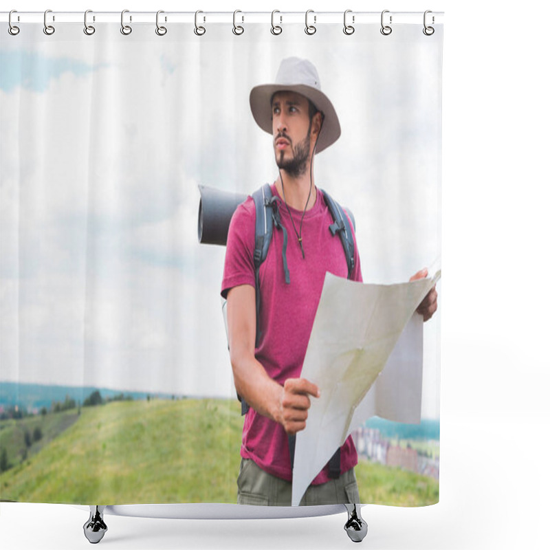 Personality  Young Traveler In Hat With Backpack Holding Map On Summer Meadow Shower Curtains