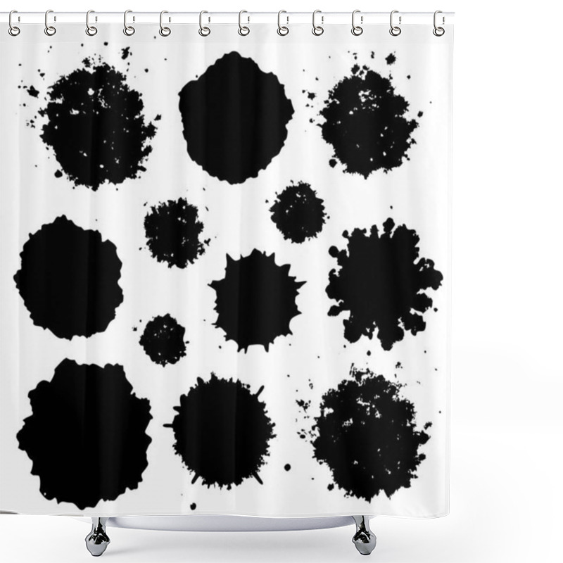 Personality  A Collection Of Black Ink Spots Positioned On A White Surface, Showcasing A Minimalist And Monochromatic Aesthetic With Contrasting Elements Shower Curtains