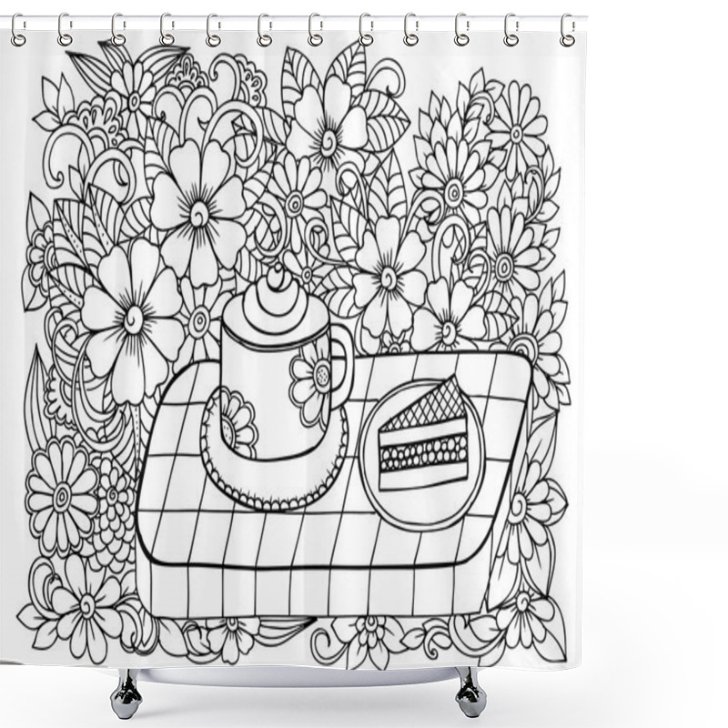 Personality  Doodle Sweets And Flowers. Vector Image Of A Very Tasty Cakes Shower Curtains