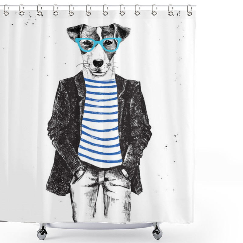 Personality  Hand Drawn Dressed Up Dog In Hipster Style Shower Curtains