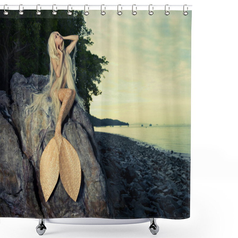 Personality  Beautiful Mermaid Sitting On Rock Shower Curtains