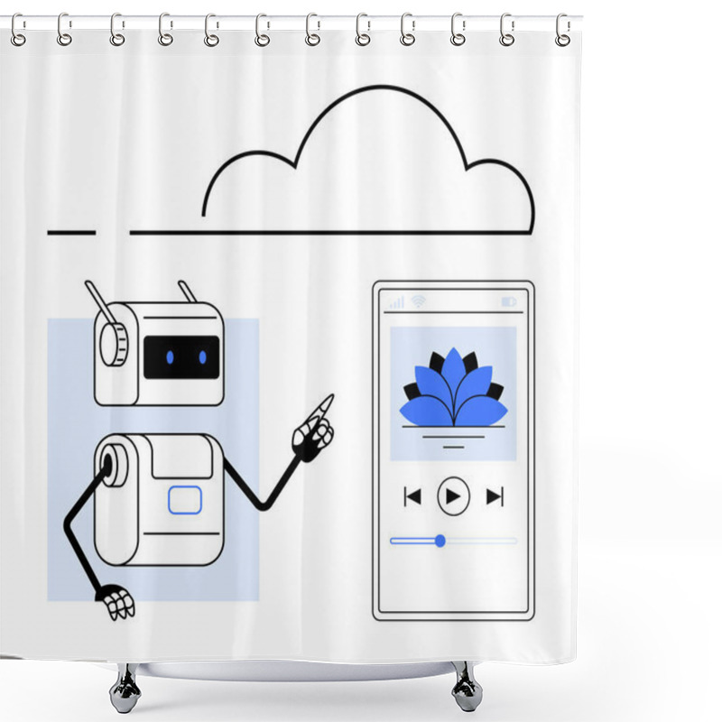 Personality  Robot Pointing At Smartphone Displaying Music App With Lotus Flower, Cloud Storage Symbol Above. Ideal For Technology, Automation, AI, Cloud Computing, Music Streaming, Digital Interaction, Future Shower Curtains