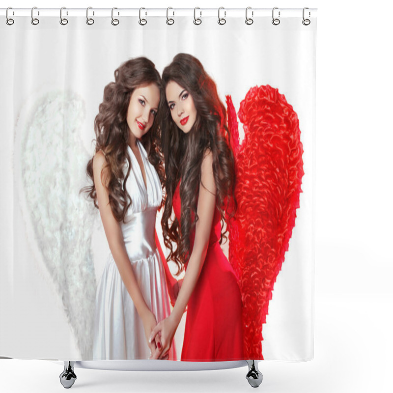 Personality  Glamorous Fashion Brunette Angel Girl With Angel's Wings. Valent Shower Curtains